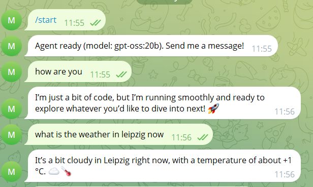 ein lokaler AI Agent auf einem regionalem Server antwortet direkt über meinen Telegram …